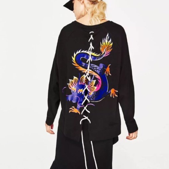 Zara | Tops | Zara Black Dragon Graphic Sweatshirt Lace Up | Poshmark
